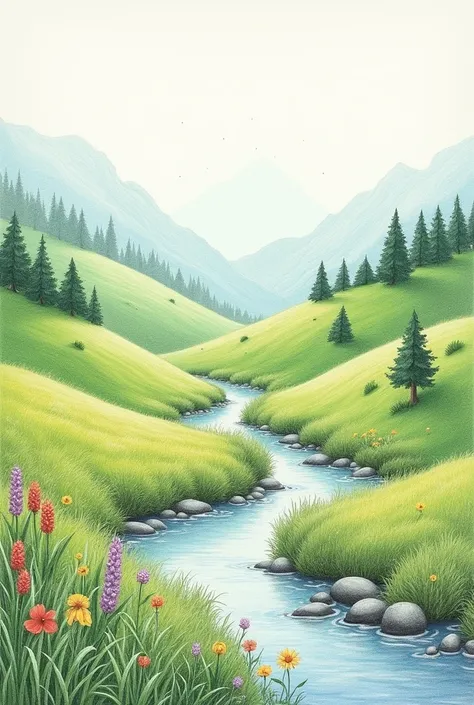 Image of a beautiful landscape that conveys calm and is drawn in colored pencil