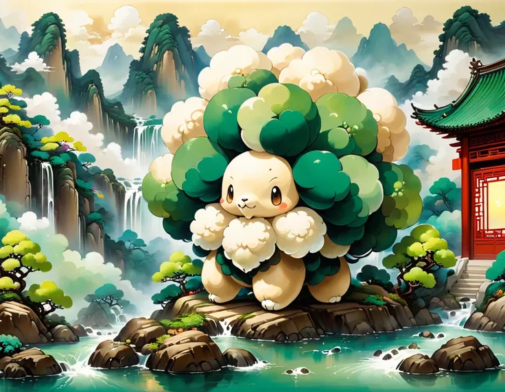 Chinese ink style,  whimsicott with brown cream and green color palette