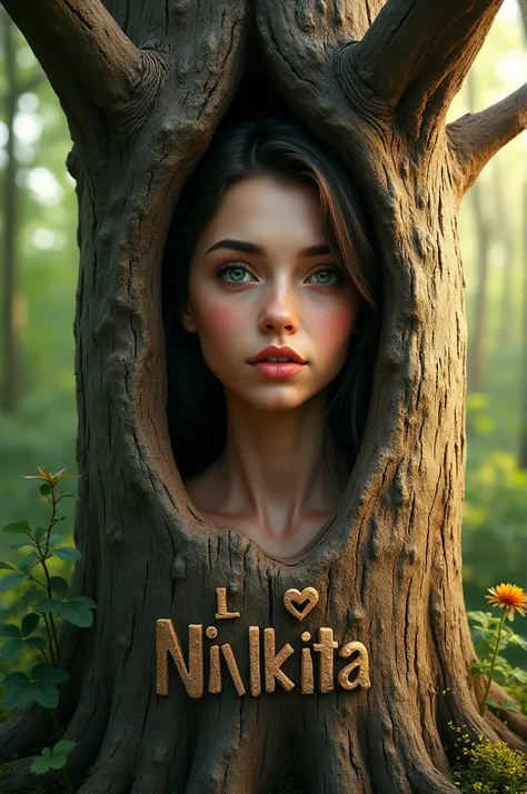 Create a photo of beautiful girl written on tree (I ❤️ Nikita) with lighting 