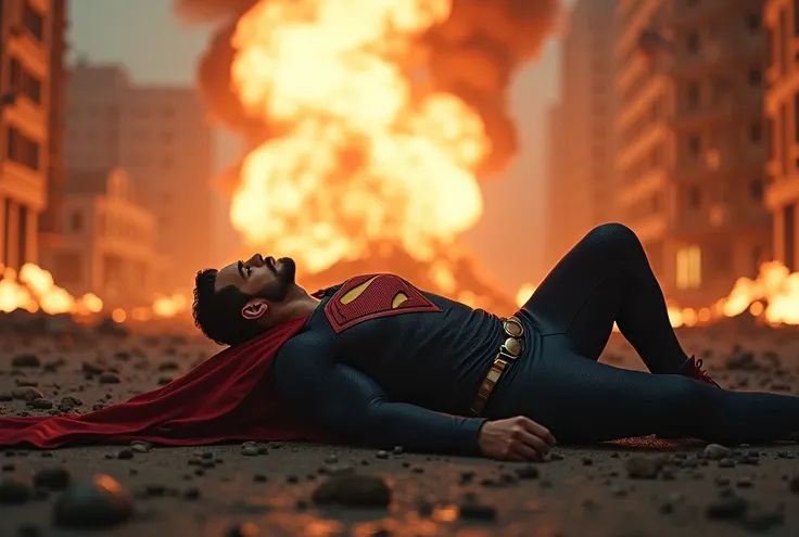 a muscular Henry Cavill with short dark hair and beard, wearing a superman costume, unconscious, massive explosion, intense flames, urban destruction, apocalyptic atmosphere, high intensity light, dramatic shadows, warm color tones, (best quality,4k,8k,hig...