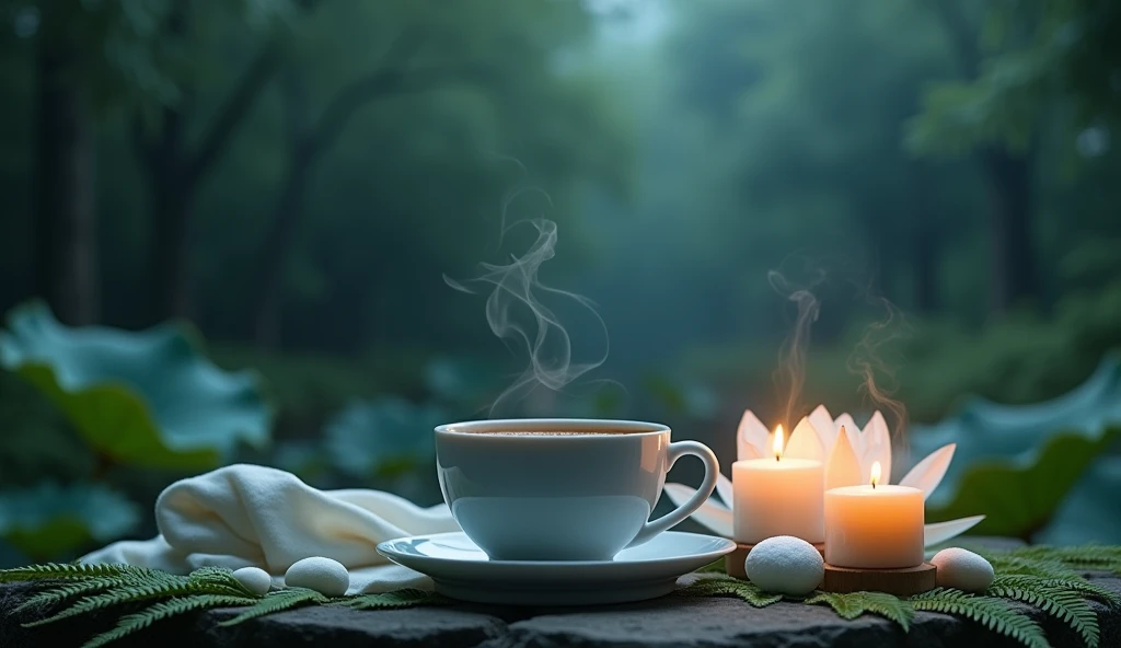 Minimalist style.Minimalist Japanese scene，There is a gurgling stream.Stone platform covered with ferns .cup of hot coffee.Light two scented candles，White lotus buds, lotus leaves and lotus pods on a dark blue-green background, smoke mixed with lotus leave...