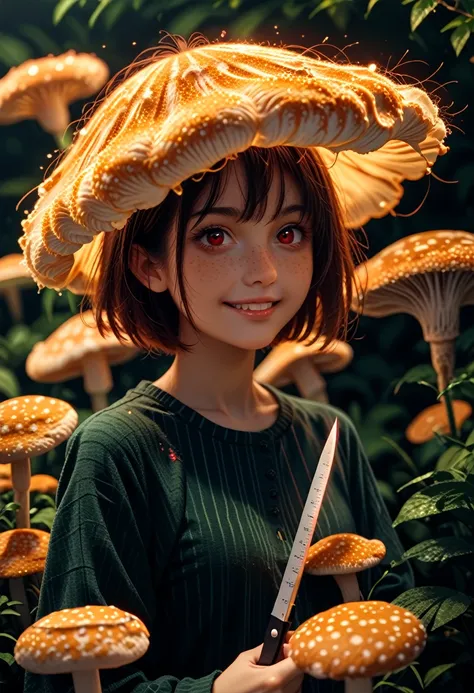 Red eyes, girl, holding a knife, yellow and green striped shirt with thicker stripes, Red eyes светятся красным, The head is tilted, Short brown hair, mushroom head, With a clear smile on his face, Measure, two-dimensional, stands among golden flowers with...