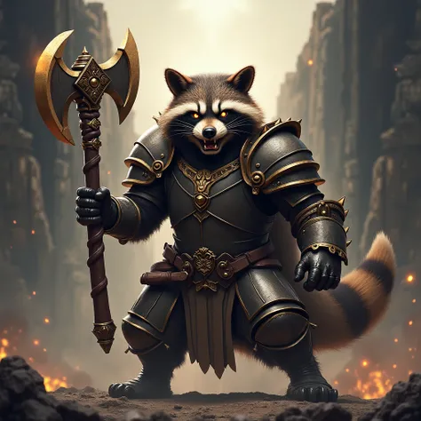 A V behind an angry raccoon with an axe and epic armor