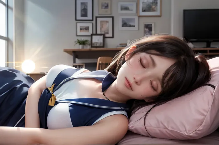 nsfw, Photo realistic;1.9, Realistic:1.9, Realistic Face:1.9, Realistic skin:1.9, A real-life photo of a cute girl taking a nap, The character is a legendary Japanese idol, A high school girl with an ideal female appearance, The girl is wearing a sailor un...