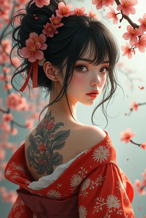 (Top Quality,Masterpiece:1.3,Super High Resolution),(Very Detailed,8K),(Realistic:1.4,RAW Shooting). Blurred background, Attractive Japanese in bright red cherry blossom pattern kimono, ample breasts, large cherry blossom tattoo across back, kimono shifted...