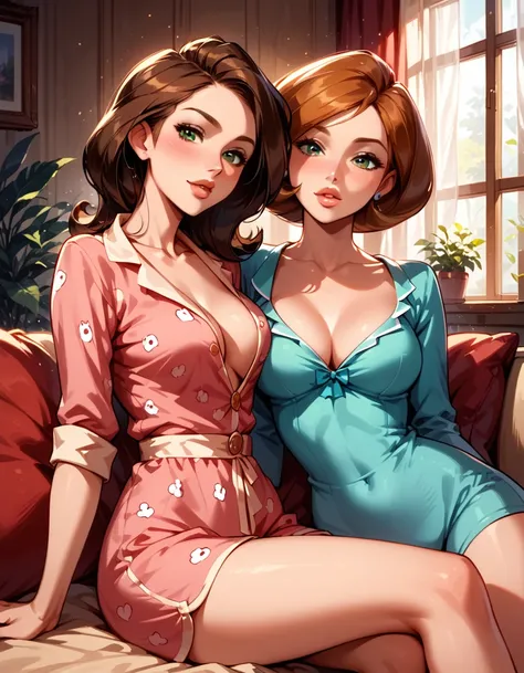 Dark Fantasy Art of score_9, score_8_up, score_7_up, rating_questionable, fantasy, lighting, epiCPhoto, 2girls, duo, couple, yuri, very sexy (Helen Parr:1.2), and (Ann Possible:1.3), cute pajamas, flirt, gaze, sexy look, half-closed eyes, head tilt, filled...