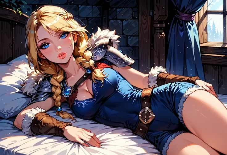 Dark Fantasy Art of score_9, score_8_up, score_7_up, rating_questionable, fantasy, lighting, epiCPhoto 1girl, solo, very sexy (ASTRIDHOFFERSON, blonde hair, braid, Long hair, blue eyes, fur trim, shoulder armor, armor, pauldron, tight shorts:1.2), cleavage...