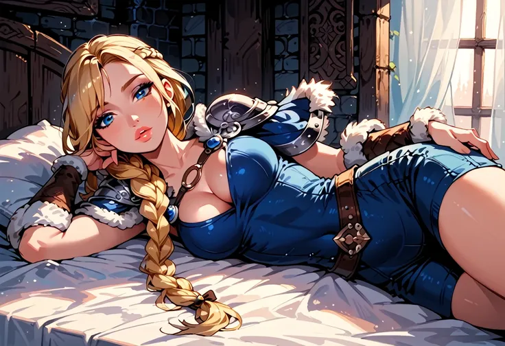 Dark Fantasy Art of score_9, score_8_up, score_7_up, rating_questionable, fantasy, lighting, epiCPhoto 1girl, solo, very sexy (ASTRIDHOFFERSON, blonde hair, braid, Long hair, blue eyes, fur trim, shoulder armor, armor, pauldron, tight shorts:1.2), cleavage...