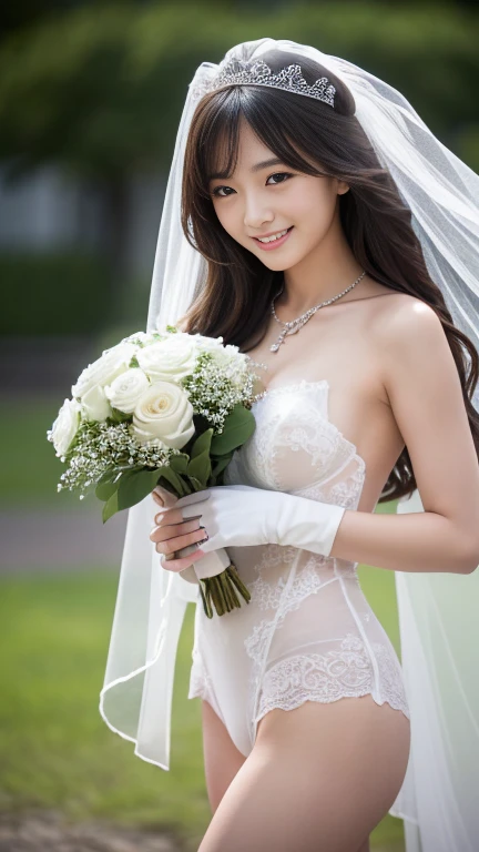 (Highest quality,masterpiece:1.3,Ultra-high resolution),(Very detailed,8K),(Realistic:1.4,RAW shooting)。Blurred Background、The best smile。Hair swaying in the wind。 and cute woman、She is completely naked。Nipples are visible。Wedding Veil。Wedding Gloves。holdi...