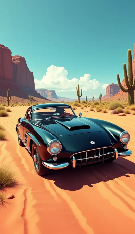 A classic black car in the Mexican desert