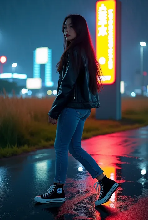 (flies to pieces, Highest quality)((8ก)),full body, It&#39;s a picture of an Asian woman. She has long hair, wears a shiny black leather jacket, jeans. She is tall, wears black Converse All Star high top shoes, you can see the Converse All Star logo, she i...