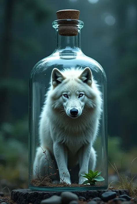 a white wolf inside a glass bottle, detailed glass bottle, detailed white wolf, highly realistic, photorealistic, 8k, extremely detailed, masterpiece, volumetric lighting, intricate details, cinematic lighting, dramatic lighting, moody atmosphere, crystal ...