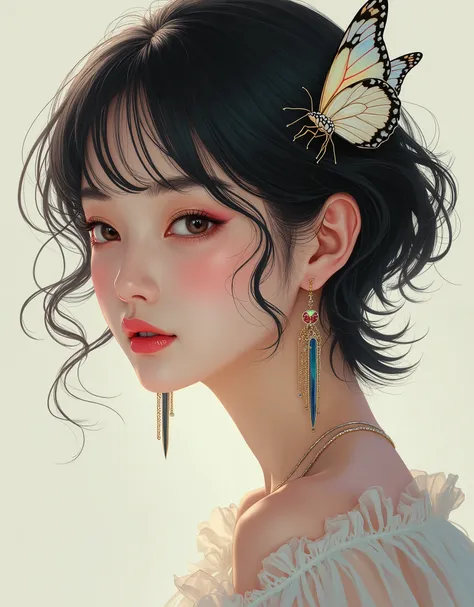 Masterpiece, Male focus, 1 girl, Single, Black hair, tassel Earrings, tassel, jewelry, Earrings, Parted lips, I grow, Korean Manhwa Manhwa, short hair, insect, Butterfly, Upper body, Hair between the eyes, Multicolored hair, 8k