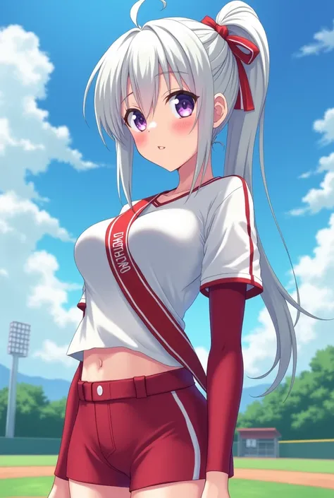 HD、Animation style、white hair 、Purple Eyes、girl、plump breasts 、High school student 、single ponytail、Baseball player、Light color short sleeve top、Long sleeve red underwear、Good shape、Thin、sash、Sky、cloud、sunny、Baseball field
