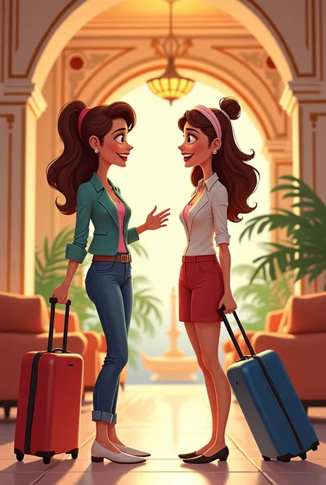 cartoon image of 2 women talking in hotel lobby while carrying suitcases 