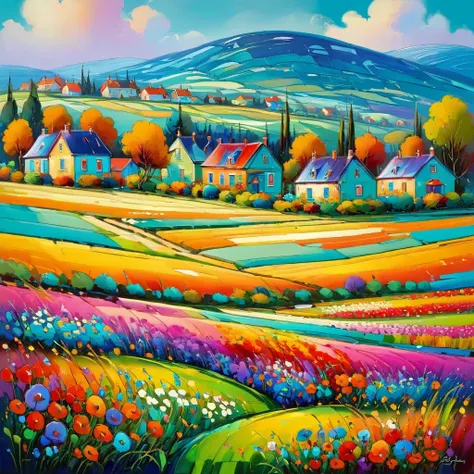 painting of a field of flowers with houses in the background, colorful oil painting, breathtaking art, by john lowrie morrison, ...