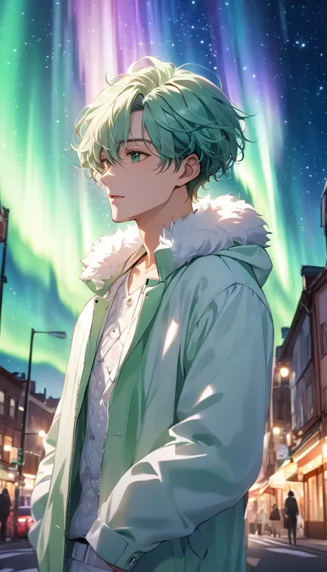 Highest quality、photograph、One Man、very handsome、nice、manly 、Fluffy hair、short hair、stylish、polca dot light mint green and white outfit 、street style, Perfect Face、Cinematic, detailed aurora starry sky background, detailed scenery background