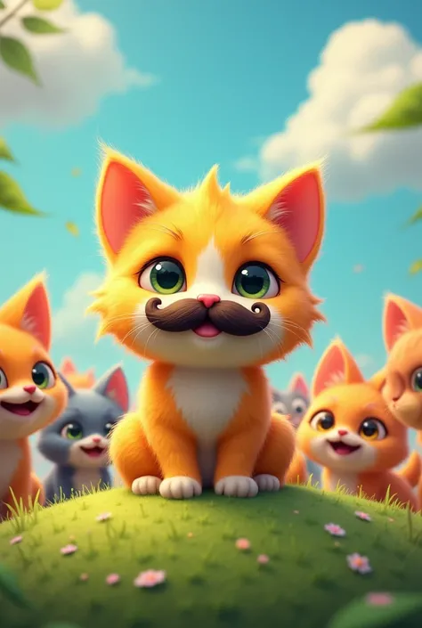 VERY CUTE BABY CAT , spongy , VERY MUSTACHED,WITH A STRANGE AND UNIQUE COLOR , with very big eyes , SURROUNDED BY OTHER CATS WHO ARE VERY HAPPY ON A HILL