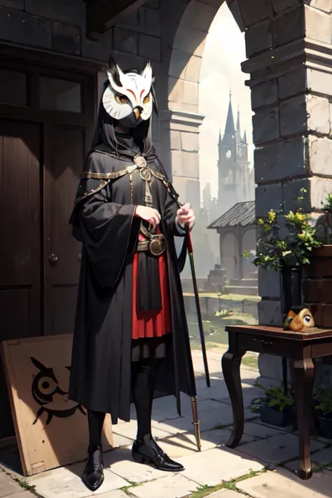 ((best quality)), ((Masterpiece)), (details), Black plague, Gender not stated, Owl mask, Standing with a cane