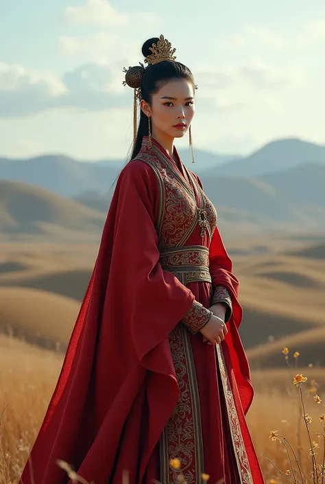 Hyper Realistic Long shot, Khutulun Mongol Princess, marriage to a man, majestic Mongolian landscape, traditional wedding attire, intricate details, historical accuracy, intense emotion, powerful legacy, --ar 9:16 