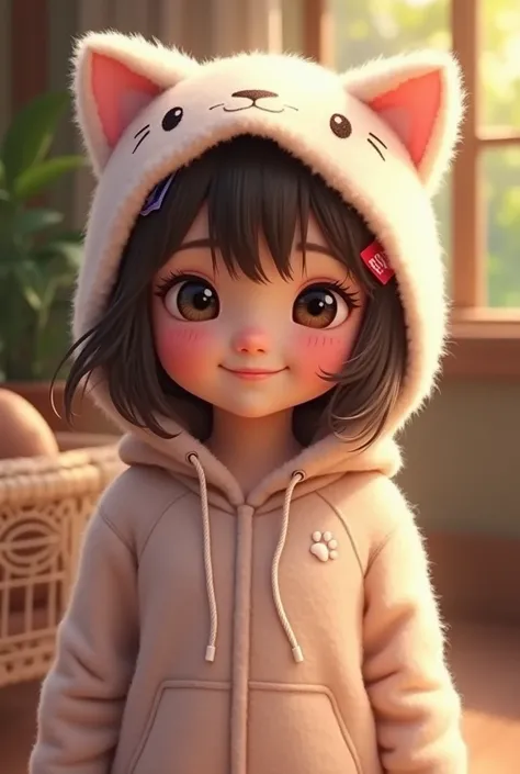 A girl wearing a cat ear hoodie
