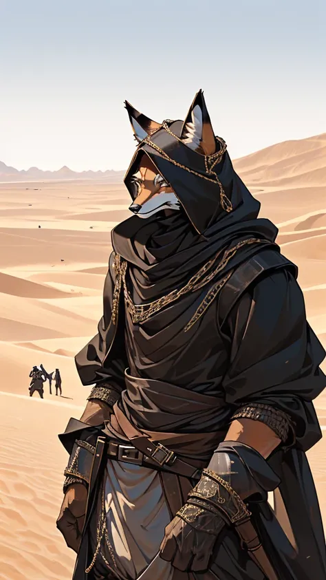 (masterpiece),(highres),(intricate details:1.4),extremely detailed,(illustration:1.2),8k,photorealistic,exquisite,in the desert,a dynamic and mature fox,(thieves attire:1.7),(slender and powerful figure:1.7),(Single person photo:1.9)