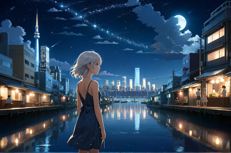 Uses Makoto Shinkai&#39;s depiction perfectly,Taylor Hillのポートレート,8k 4k masterpiece photo、Beautiful in profile、Silver Hair、Semi-long hair、Standing alone、Cityscape、Buildings、night、There are many stars in the sky、Wearing a tank top dress、Tokyo Waterfront