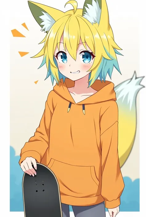 A high school girl named Katsuru has yellow Egyptian hair with light blue underneath, her hair is a bit messy.  He has elongated blue fox eyes.  He has a toothy smile on his face that shows one of his fangs.  He is wearing a loose orange hoodie and is hold...