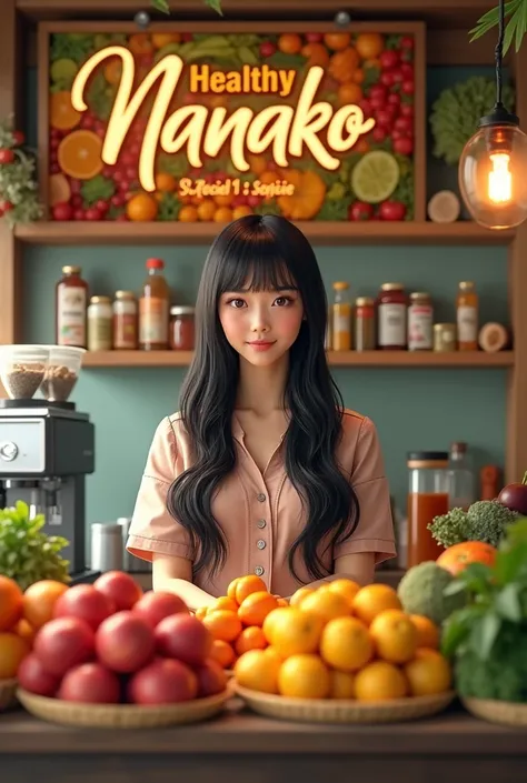 a stunning and sexy dress Japanese young lady stands confidently behind a colorful vegetable and fruit juice and coffee bar with an espresso machine on worktop, dubbed "Healthy Nanako." Her alluring presence is accentuated by her captivating, large almond-...