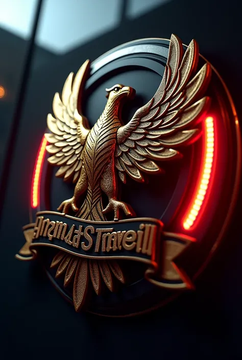 Featuring a full HD high resolution. a hologram logo, eagle made of thick metal, combination of gold and black, and wings, a ribbon with the words "MAJRA TRAVEL" and red LED on the side of the background logo