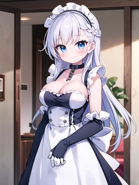 1girl, masterpiece, best quality, perfect hands, smile, blush, closed mouth, very long hair, blue eyes, white hair, large breasts, maid outfit, hairband, maid apron, frill dress, aabelfast, long hair, french braid, maid headdress, collar, chain, collarbone...