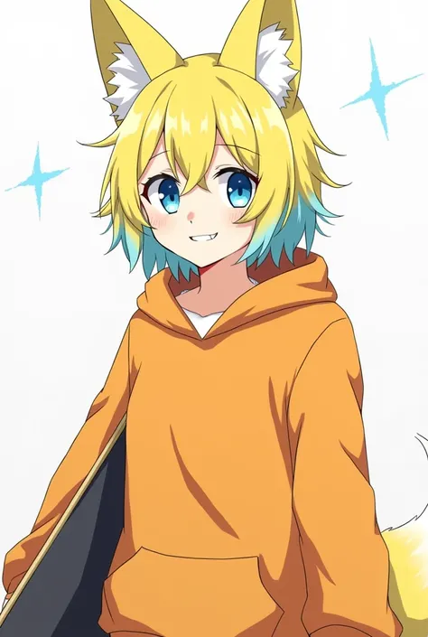 A high school girl named Katsuru has yellow Egyptian hair with light blue underneath, her hair is a bit messy.  He has elongated blue fox eyes.  He has a toothy smile on his face that shows one of his fangs.  He is wearing a loose orange hoodie and is hold...