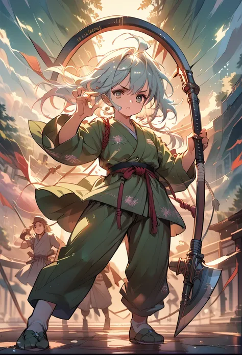 (Best quality),  detailed background, eastern nobility,warrior girl,martial arts,holding a halberd,They, army of monsters