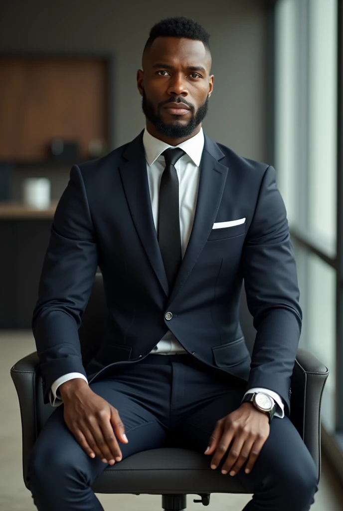 A black man with muscle wearing suit at the office sitting at the chair look at the camera