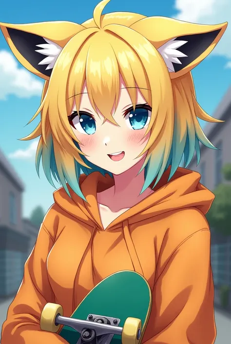 A high school girl named Katsuru has yellow Egyptian hair with light blue underneath, her hair is a bit messy.  He has elongated blue fox eyes, which are blackened and dull under his eyes due to lack of sleep.  He has a mischievous smile on his face, showi...