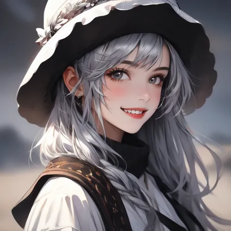 1girl, silver,hair,hat, smile 