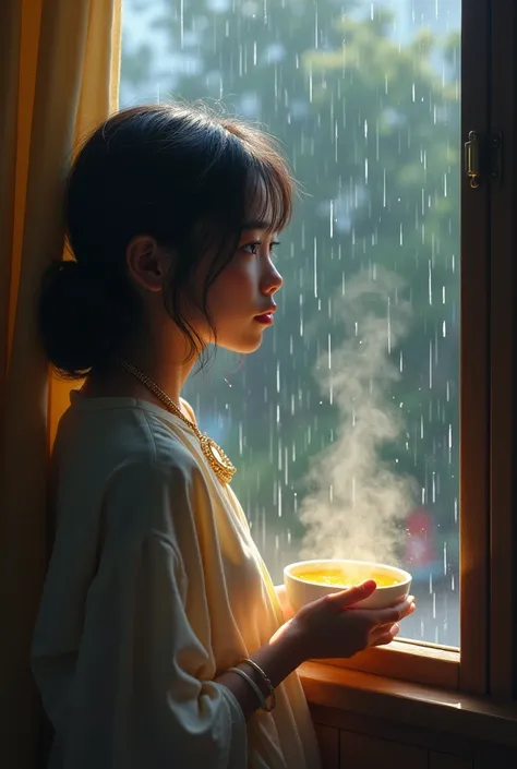 A person staring out the window at pouring rain, with a dreamy look, holding a warm bowl of custard with steam rising, looking completely content. Or even a spoon diving into a creamy custard, with raindrops hitting the window in the background.