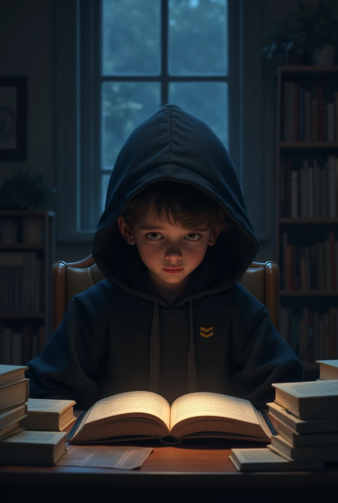 A  1 boy sitting in his chair reading
 books some are open in front of him with black hoodie in night