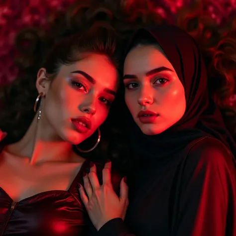 Portrait of two beautiful 18-year-old petite flat-chested teenagers lying together in the middle of sexual intercourse, wear a glossy satin blouse with latex leggings, in the disco of Jezebel surrounded by female students wearing latex and satin hijab,

Po...