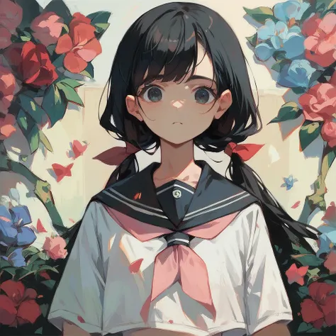 score_9, score_8_up, score_7_up, score_6_up, (best quality, masterpiece, ultra detailed, 8k), anatomically correct, anime, 1girl, very long low twintails, red ribbon, black hair, serafuku, black sailor collar, white blouse, pink neckerchief, school, from f...