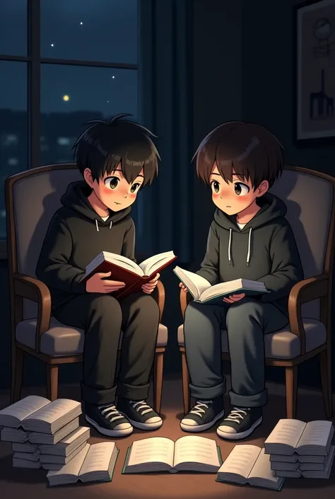 A  2 boy sitting in his chair reading
 books some are open in front of him with black hoodie in night