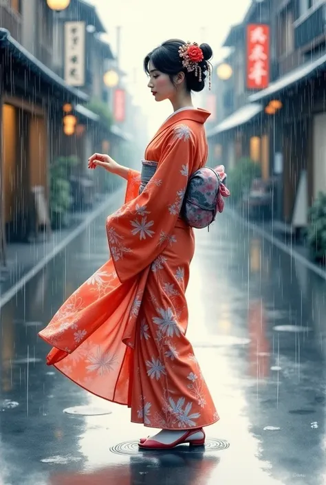 A masterpiece watercolor painting of a beautiful woman in a kimono, set in rainy Kyoto and framed using the golden ratio. The painting features soft, delicate brushstrokes, with transparent and overlapping colors that blend and bleed gracefully. The waterc...