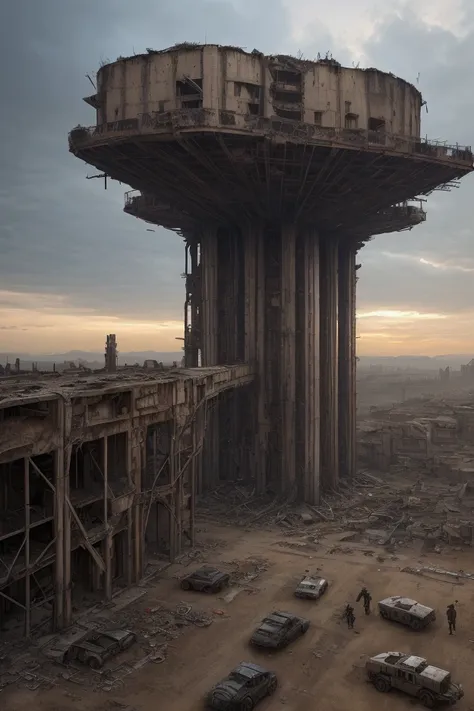 Aerial panoramic view of a dystopian world in dark fantasy version, desolate panorama, survival, fuel competition, water and food shortages, abandoned mega structure in ruins, rusty metal, Brutalismo, brutalist architecture, pollution, toxic waste, Disasse...