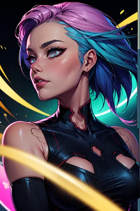 a woman with blue hair and a black shirt is standing in front of a neon background, lois van baarle and rossdraws, portrait of lucy from Cyberpunk Edgerunners, artgerm and lois van baarle, rossdraws 2. 0, rossdraws 1. 0, rossdraws 2. 5, artgerm and rossdra...