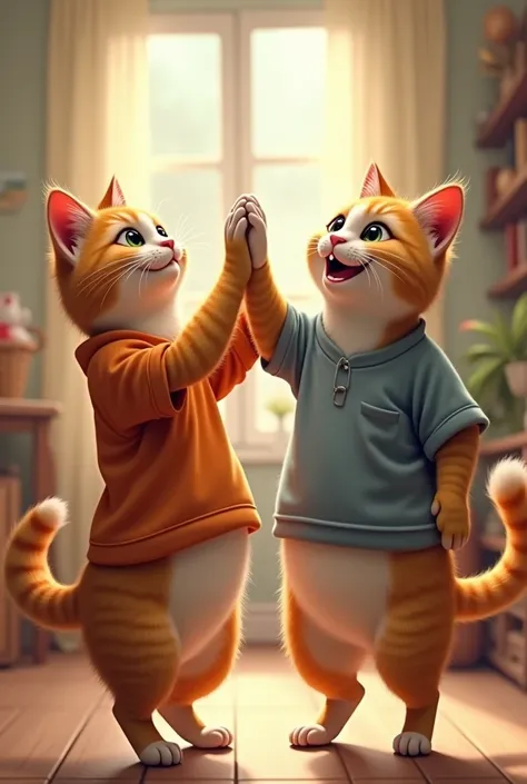 Two cats walking on two legs and high-fiving