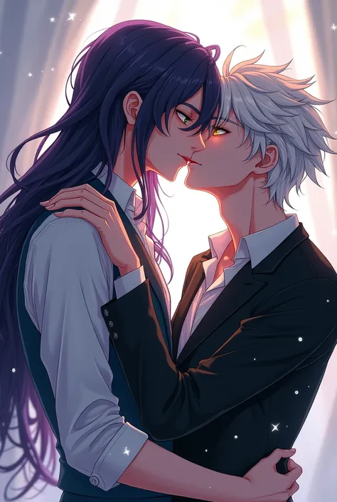 gay adult long dark purple haired man with green eyes kissing adult white haired man with yellow eyes passionately anime style