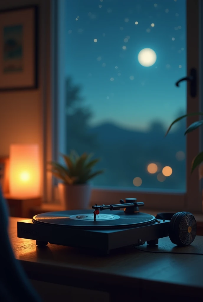 Background: A soft, blurred image of a serene night sky with gentle stars, or a cozy, dimly lit room with a window showing a moonlit landscape.
Main Image: A relaxed, vintage-looking turntable or a pair of over-ear headphones placed on a desk with a coffee...