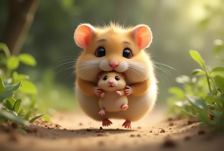 Highest quality, Full HD, Photo style, Hamster running with a baby hamster in his mouth