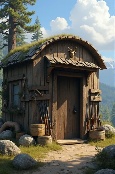 A small cylindrical hut with the centre with gun shows outside for game