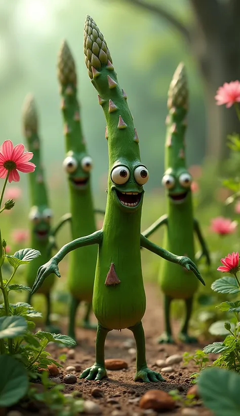 The garden is full of amazing，Asparagus with eyes and legs